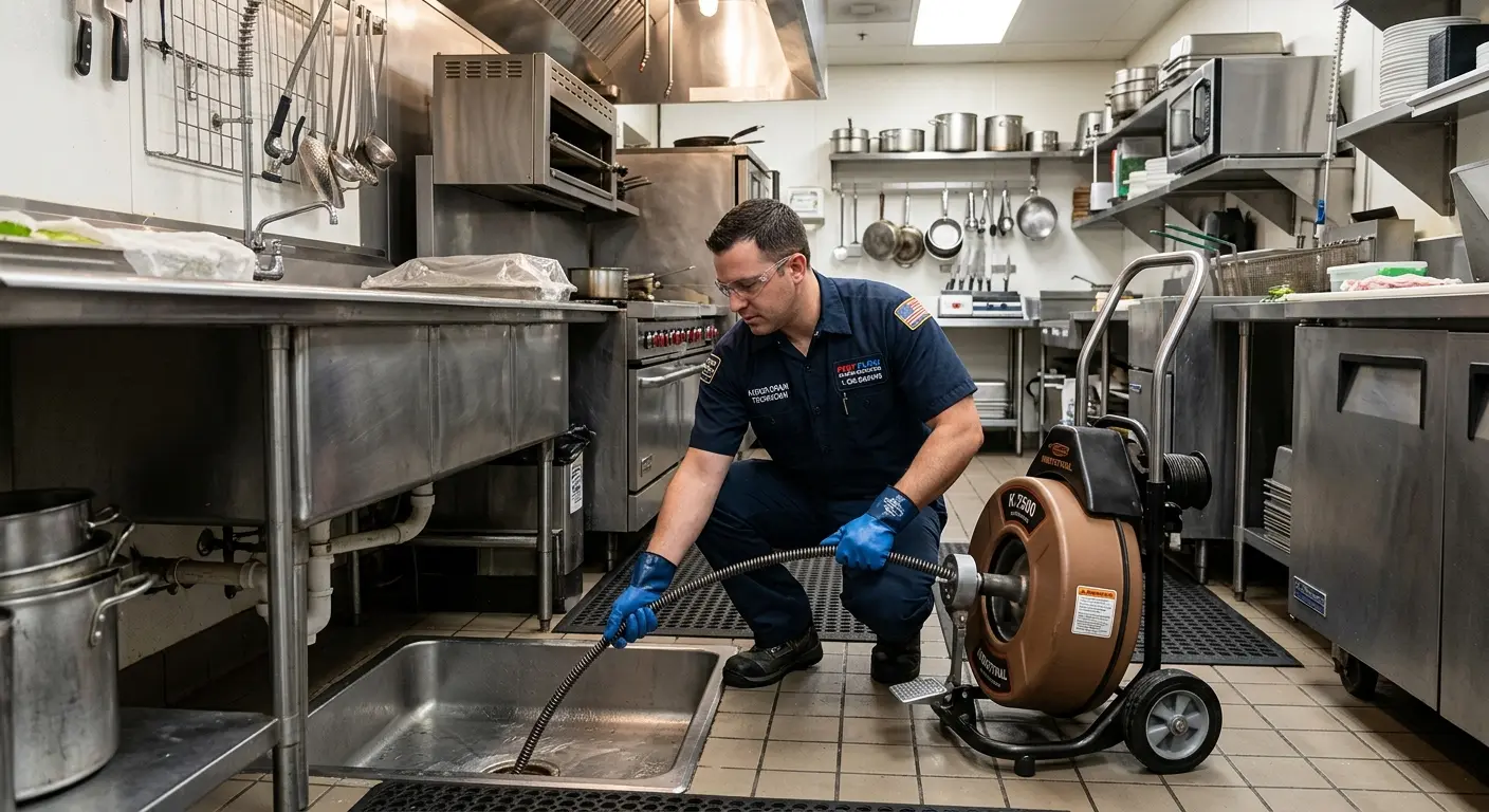 Commercial drain cleaning service in a restaurant kitchen in North Riverside