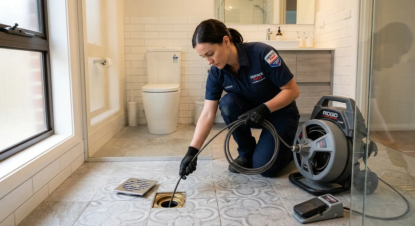 Technician clearing a bathroom floor drain for Clogged Drain Repair in North Riverside